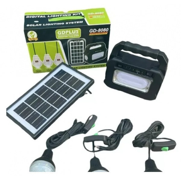 Kit Solar GDPlus GD-8080 portabil cu 3 becuri, Lanterna, USB