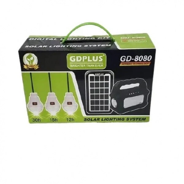 Kit Solar GDPlus GD-8080 portabil cu 3 becuri, Lanterna, USB