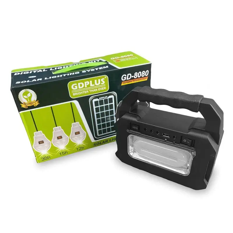 Kit Solar GDPlus GD-8080 portabil cu 3 becuri, Lanterna, USB