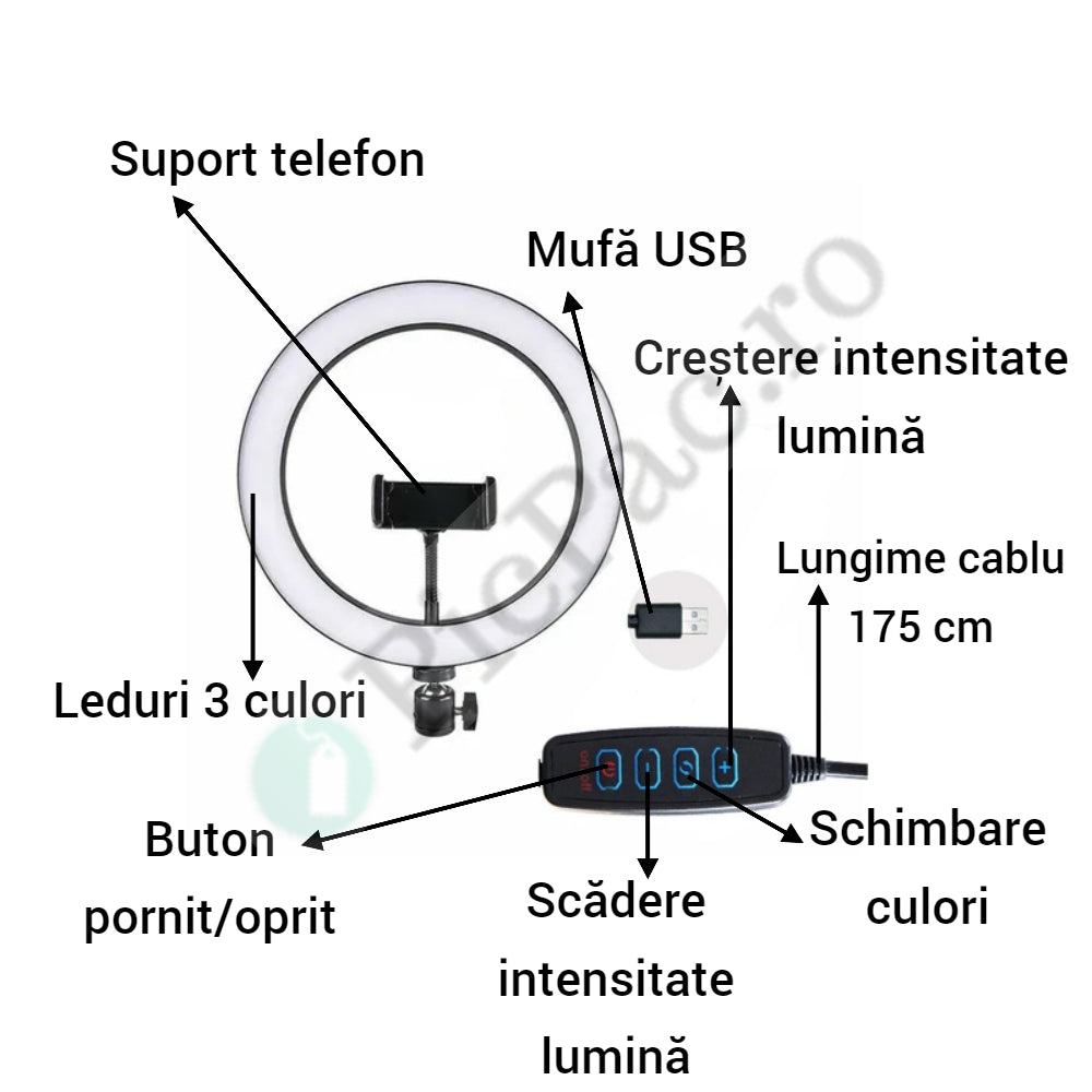 Lichidare de stoc. Lampa circulara LED cu trepied si suport de telefon